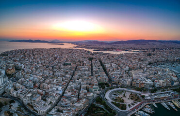 Aerial panorama view over Marina Zeas, Peiraeus, Greece at sunset