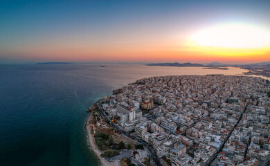 Aerial panorama view over Marina Zeas, Peiraeus, Greece at sunset