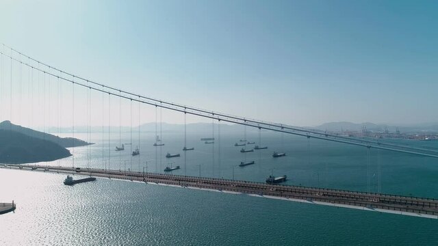 Aerial view of the Yi Sunsin bridge in Gwangyang. Drone. Korea. 광양 이순신 대교.