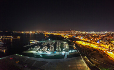 Aerial view over Marina at Flisvos in Athens city, Greece at night