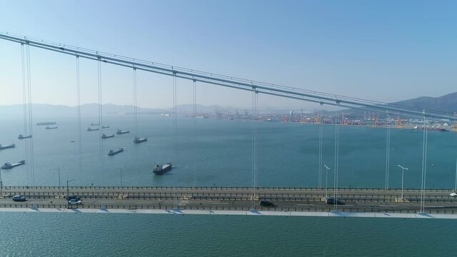 Aerial view of the Yi Sunsin bridge in Gwangyang. Drone. Korea. 광양 이순신 대교.	
