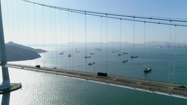 Aerial view of the Yi Sunsin bridge in Gwangyang. Drone. Korea. 광양 이순신 대교.	

