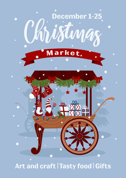 Christmas market banner. Decorated carts, fair stall counters. Bright little Christmas gnomes in caps, stars, lollipop, gift. Vector illustration for advertising banner, poster, flyer