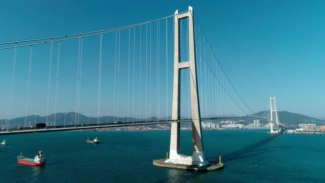 Aerial view of the Yi Sunsin bridge in Gwangyang. Drone. Korea. 광양 이순신 대교. 현수교.