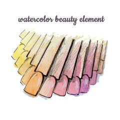 Nail polish palette watercolor drawing on white background. Watercolour orange and yellow, purple and violet blot colors