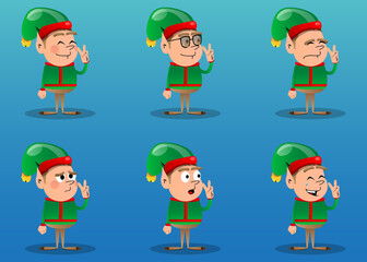 Christmas Elf showing the V sign, peace hand gesture. Vector cartoon character illustration of Santa Claus's little worker, helper.