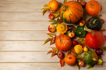 Fall arrangement with red, green, orange, striped pumpkins, copy space