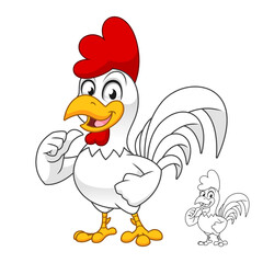Rooster with Thumb Up with Line Art Drawing, Birds Roosters and Chickens, Vector Character Illustration, Cartoon Mascot Logo in Isolated White Background.