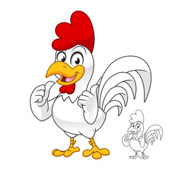Rooster with Thumbs Up in Both Hands with Line Art Drawing, Birds Roosters and Chickens, Vector Character Illustration, Cartoon Mascot Logo in Isolated White Background.
