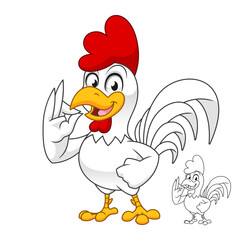Rooster with Ok Hand Sign with Line Art Drawing, Birds Roosters and Chickens, Vector Character Illustration, Cartoon Mascot Logo in Isolated White Background.