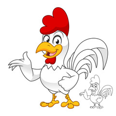 Rooster with Present Hand Sign with Line Art Drawing, Birds Roosters and Chickens, Vector Character Illustration, Cartoon Mascot Logo in Isolated White Background.