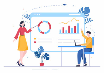 Obraz na płótnie Canvas Presentation Marketing Planning Cartoon Vector Illustration. Businessman Plan Strategy and Business Meeting to Carry out the New Project Concept
