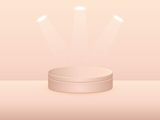 Realistic rose gold round podium studio spotlight. Three dimensional pedestal.