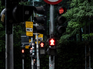 Sao Paulo, Brazil, October 18, 2021. row of pedestrians traffic light semaphore on avenue in Sao...