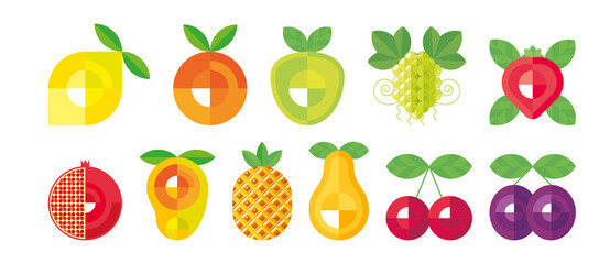 Fruits geometric icon set. Lemon, orange, pineapple, mango, grape, pomegranate, strawberry, cherry, plum, apple vector simbols, sign, objects collection isolated on white