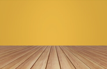 Empty table in room with yellow wall and wood slats on brown floor, 3d illustration background texture. Board