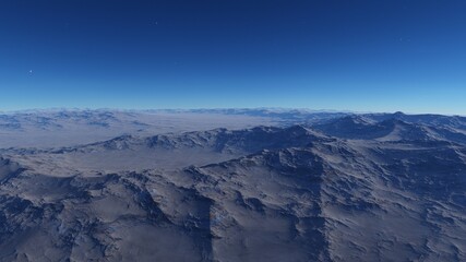 view from a beautiful planet, alien planet landscape, science fiction illustration 3d render