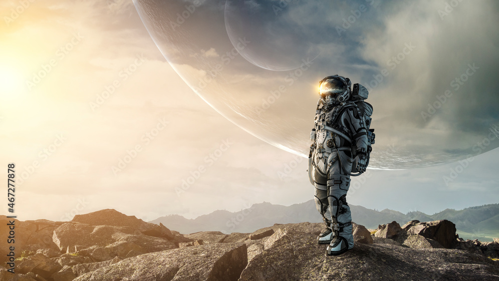 Fototapete astronaut walking on an unexplored planet . mixed media