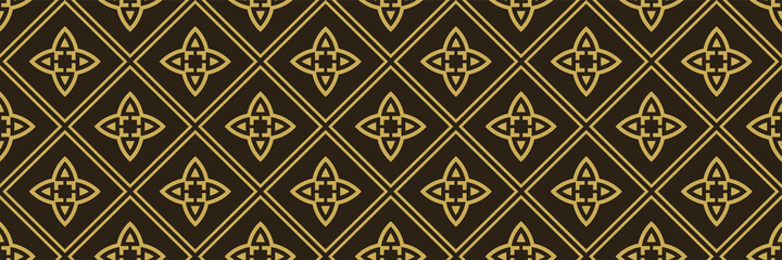 Tiled background image with decorative golden elements on black background for your design. Seamless background for wallpaper, textures. Vector illustration.