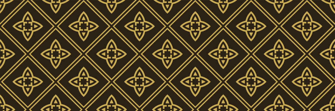 Tiled background image with decorative golden elements on black background for your design. Seamless background for wallpaper, textures. Vector illustration.