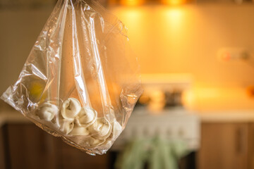 Transparent bag with ending dumplings on kitchen background