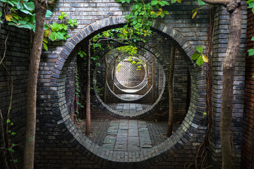 Round arch stone brick circulation door