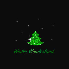 Sparkling Christmas Tree. Green Metallic glitter icon on a dark background. Merry Christmas and Happy New Year 2022. Vector illustration. Winter Wonderland.