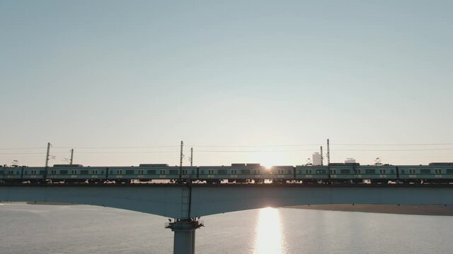 Subway crossing Dangsan iron bridge at morning, Aerial view. Seoul, Korea. 서울, 당산철교, 지하철, 한강