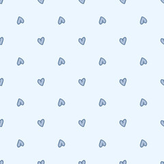 Seamless pattern. Doodle style hand drawn. Nature, animals and elements. Blue hearts on a light blue background.