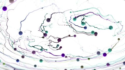 On a white background, multicolored balls of paint movie, releasing long blurred streams behind them. The jets turn into dots and disappear.