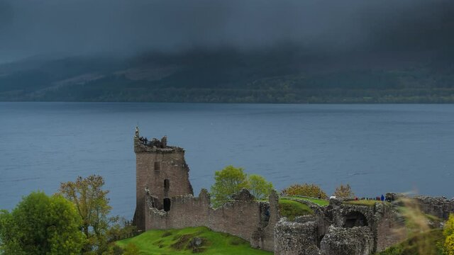 Time Lapse Loch Ness cold gray waters, Scotland, United Kingdom, UK Mist, Rain, Storm
