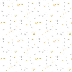 Seamless pattern in doodle style. Winter endless illustration is hand-drawn. Happy New Year 2022 and Merry Christmas. Gold and silver snowflakes on a white background.