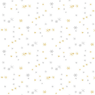 Seamless pattern in doodle style. Winter endless illustration is hand-drawn. Happy New Year 2022 and Merry Christmas. Gold and silver snowflakes on a white background.