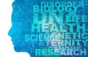 Silhouette of a female head and genome theme words list