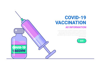 All information of Covid-19 vaccination landing page template. Vaccine shot immunization campaign website. Vaccination of people against coronavirus disease vector illustration