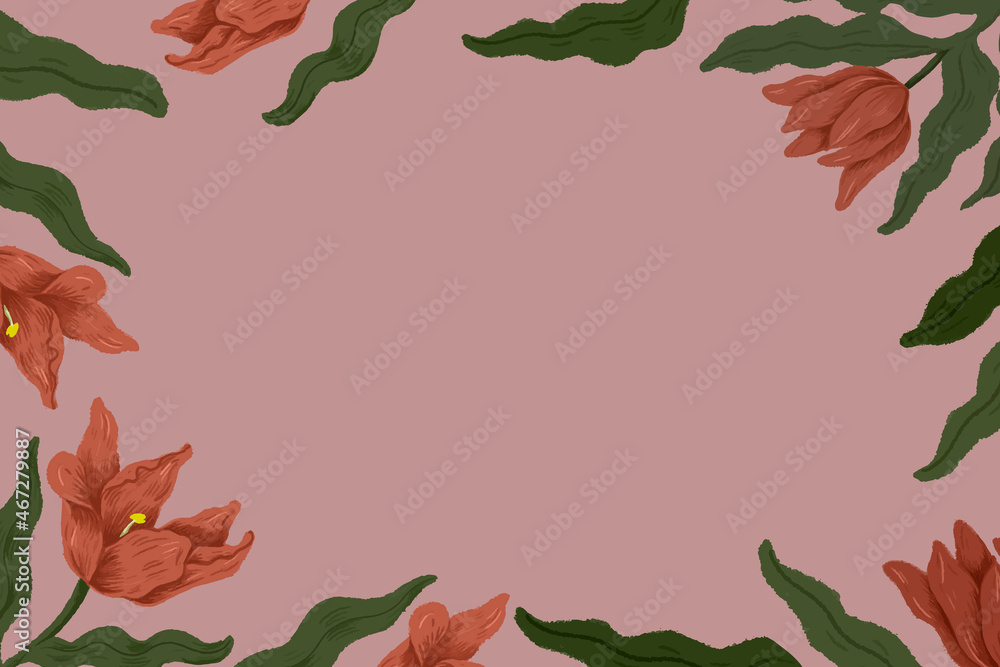 Wall mural Red tulips frame in pink background illustration