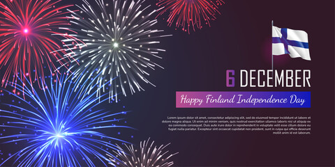 6th of December Finland Independence Day greeting card. Happy national memorial holiday invitation, horizontal banner, poster, background with festive fireworks realistic vector illustration