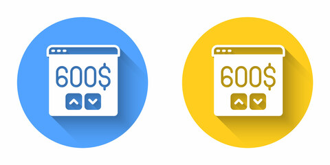 White Monitor with dollar icon isolated with long shadow background. Sending money around the world, money transfer, online banking, financial transaction. Circle button. Vector