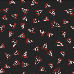 Line Slice of pizza icon isolated seamless pattern on black background. Fast food menu. Vector