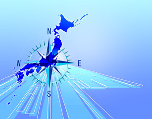 ブルーの背景に日本地図とジャイロ（羅針盤）を重ね日本経済の未来を