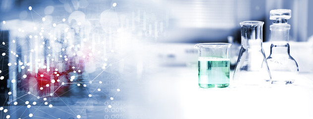 flask and beaker in medical health science line of technology banner background.