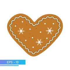 Christmas Cookies, gingerbread in the shape of a heart in brown color, Isolated On White Background, Vector Illustration.