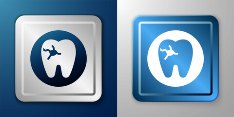 White Tooth with caries icon isolated on blue and grey background. Tooth decay. Silver and blue square button. Vector