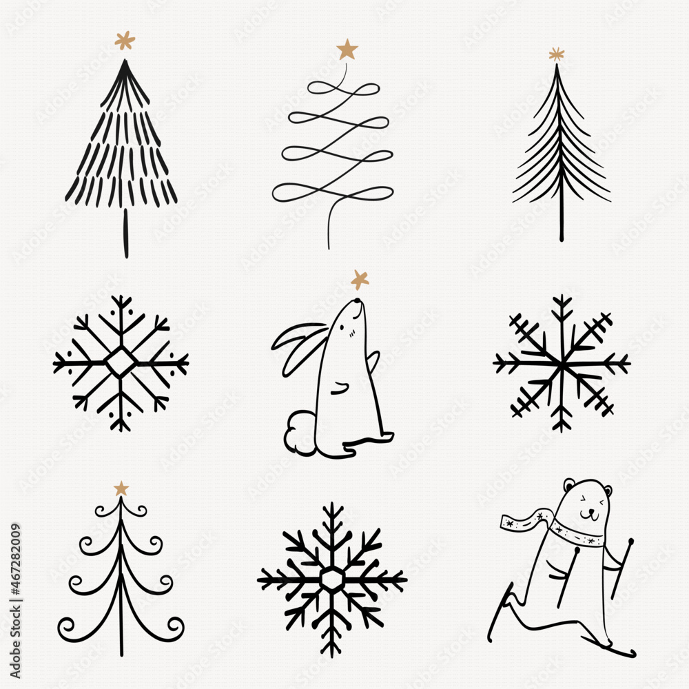 Wall mural christmas doodle sticker, cute tree and animal illustration in black vector set