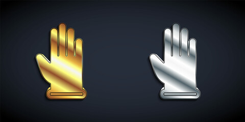 Gold and silver Rubber gloves icon isolated on black background. Latex hand protection sign. Housework cleaning equipment symbol. Long shadow style. Vector