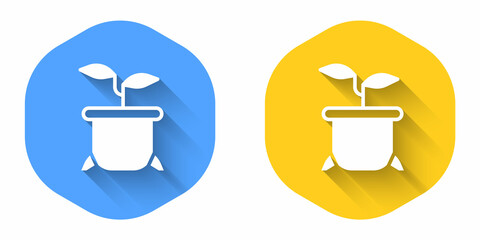 White Plant in pot icon isolated with long shadow background. Plant growing in a pot. Potted plant sign. Circle button. Vector