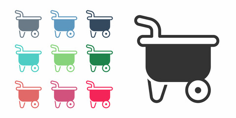 Black Wheelbarrow icon isolated on white background. Tool equipment. Agriculture cart wheel farm. Set icons colorful. Vector