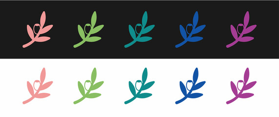 Set Olives branch icon isolated on black and white background. Vector