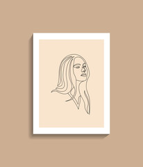 minimalist interiors one line art beautiful women with brown background, editable for social media post or icon