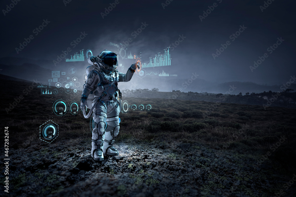 Wall mural astronaut walking on an unexplored planet
